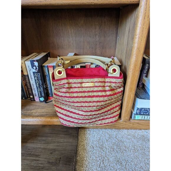 Eric javits tan and red canvas knit wicker basket weave bag euc - Picture 2 of 7